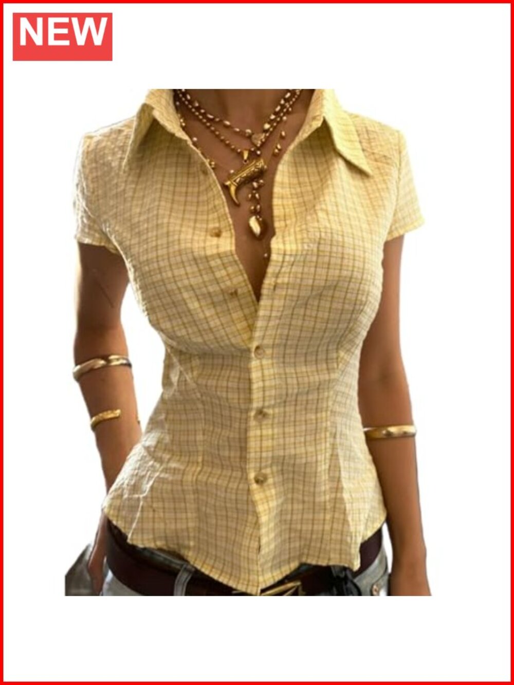 Women Y2K Gingham Button Down Shirt V Neck Slim Fit Cinch Waist Retro